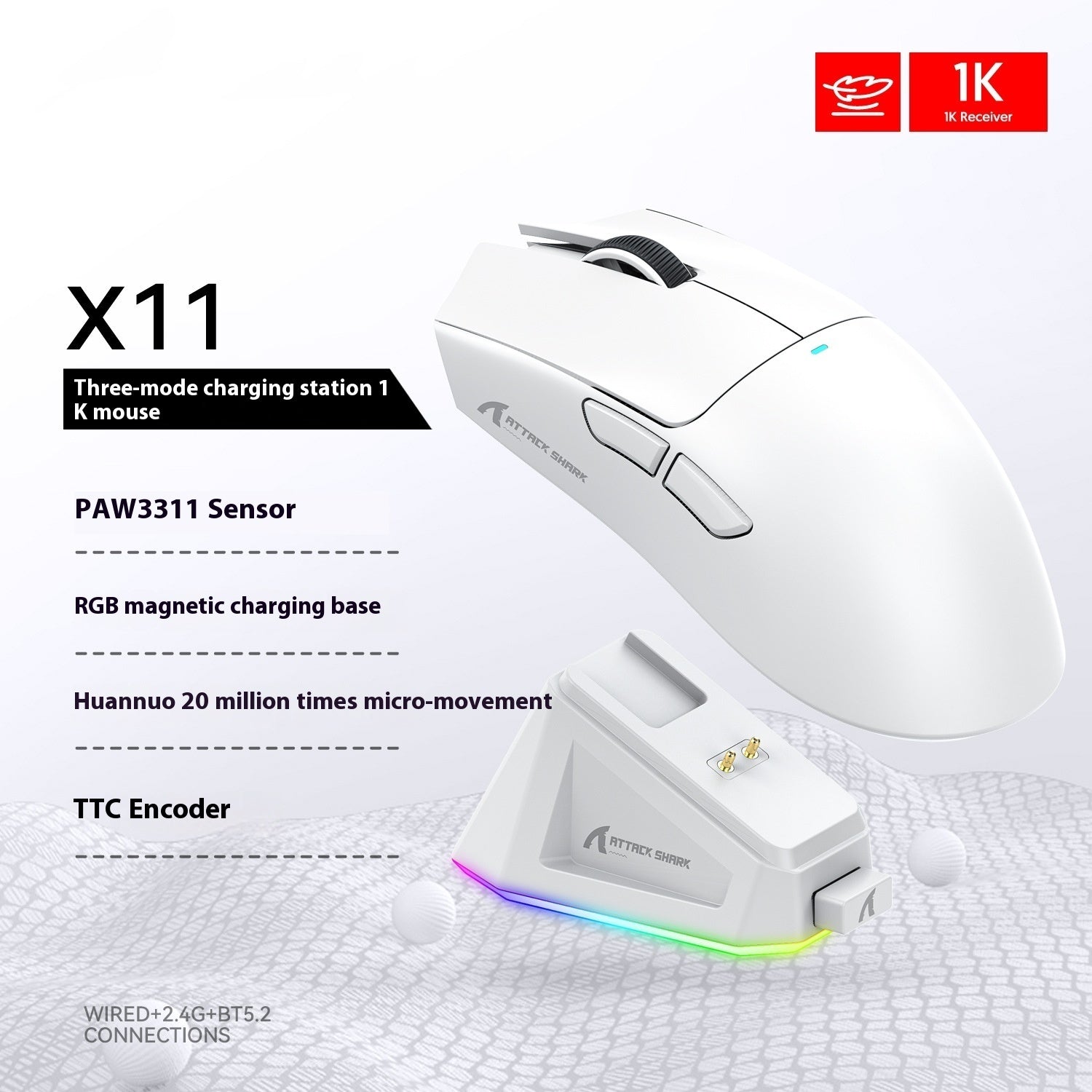 X11 Lightweight RGB Gaming Mouse – Wired/Wireless Bluetooth with Charging Base