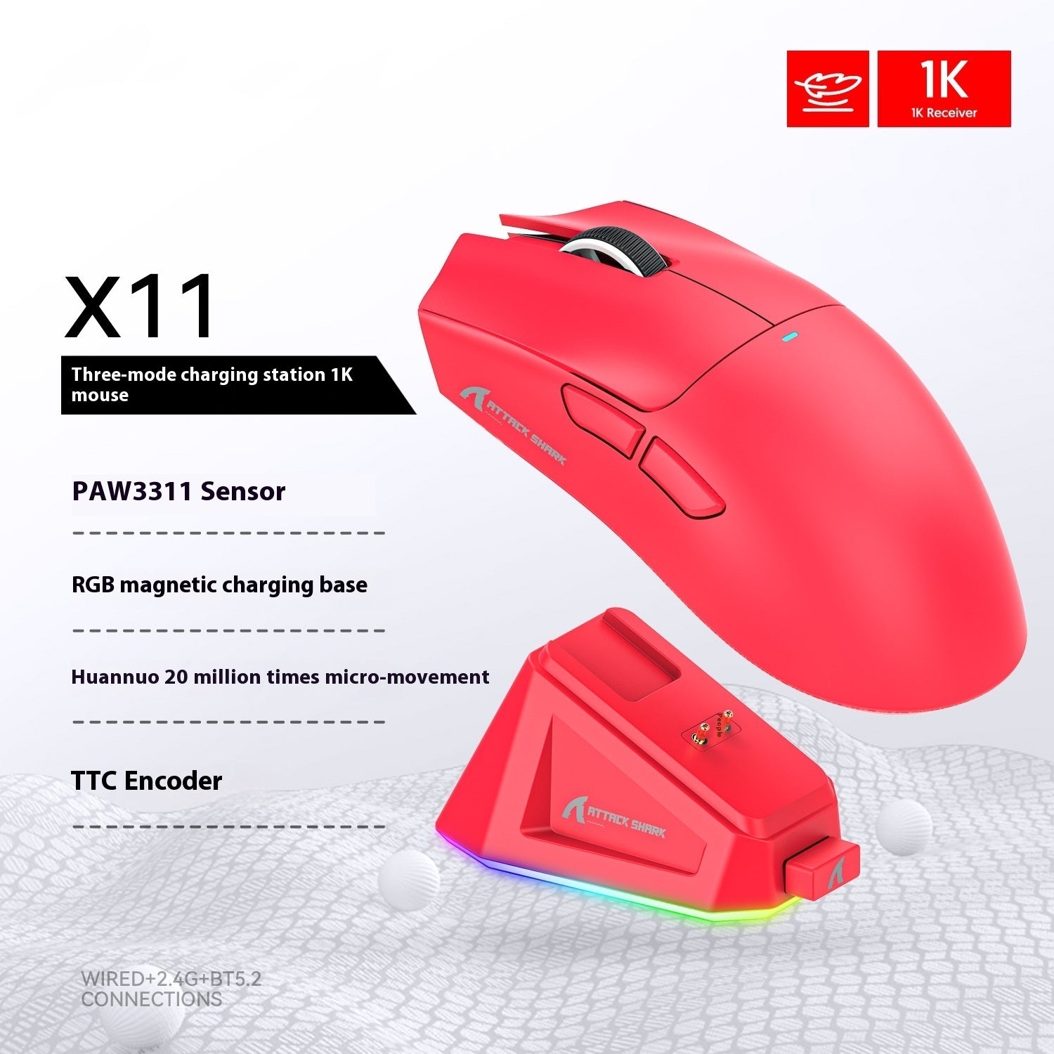 X11 Lightweight RGB Gaming Mouse – Wired/Wireless Bluetooth with Charging Base
