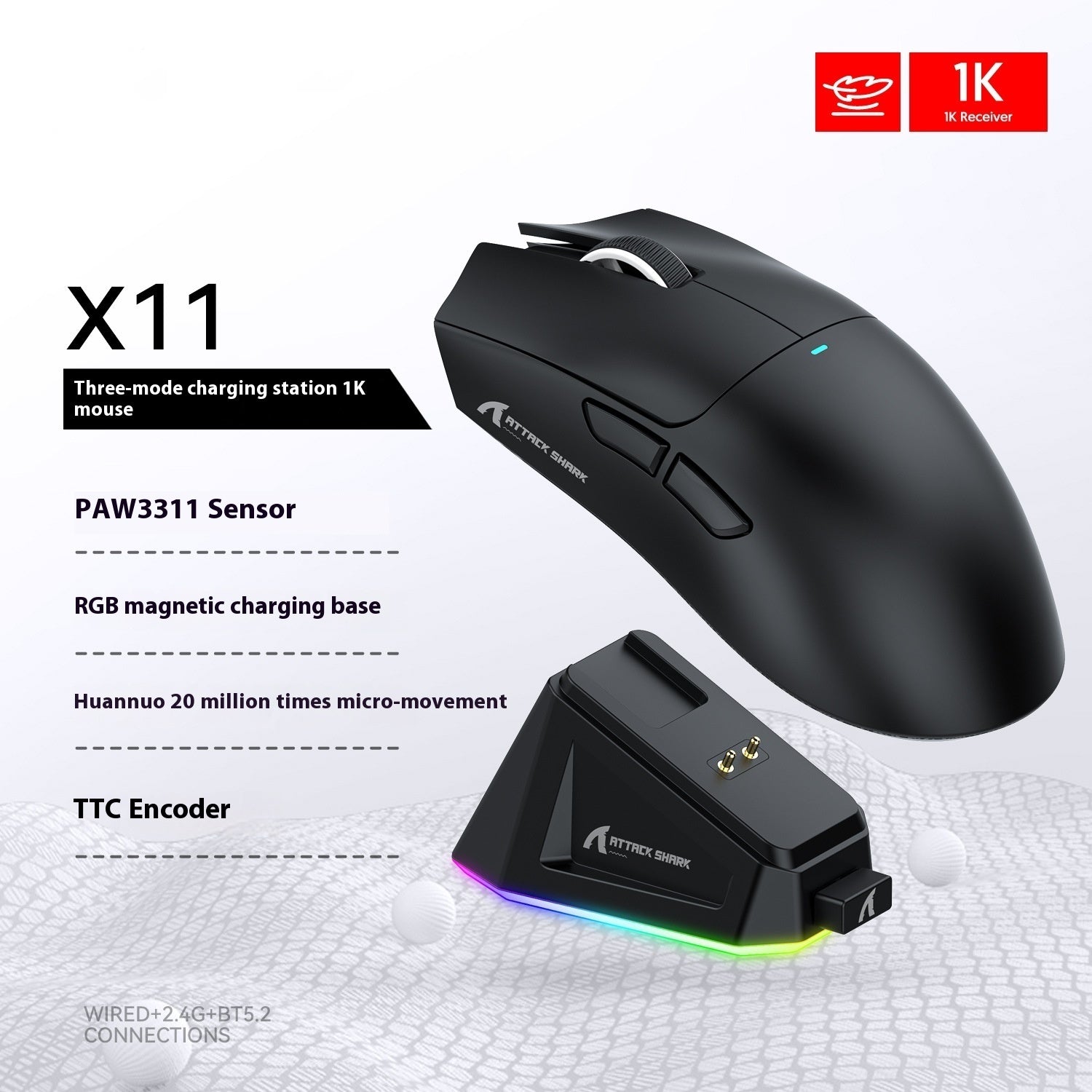 X11 Lightweight RGB Gaming Mouse – Wired/Wireless Bluetooth with Charging Base